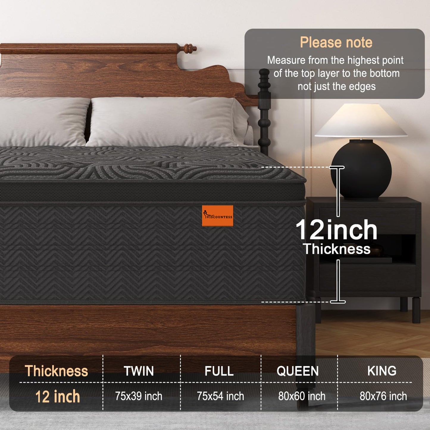 12 Inch King Hybrid Mattress | Medium Firm Memory Foam with Pocket Springs | Motion Isolation | Dark Grey, 100 Night Trial