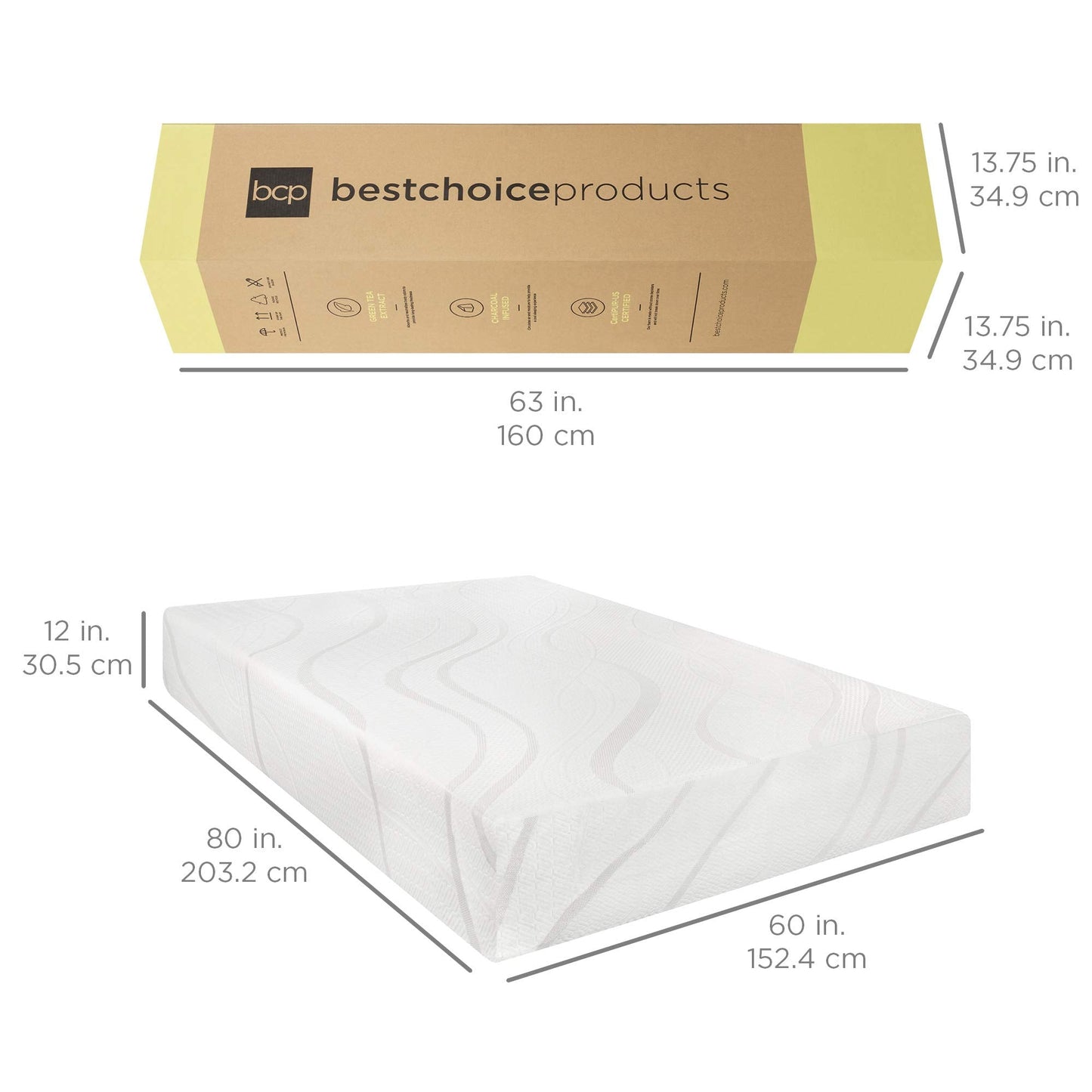 12 Inch Queen Memory Foam Mattress | Medium Firm Green Tea Charcoal Cooling Gel | Fiberglass Free, 2-Layer, Breathable