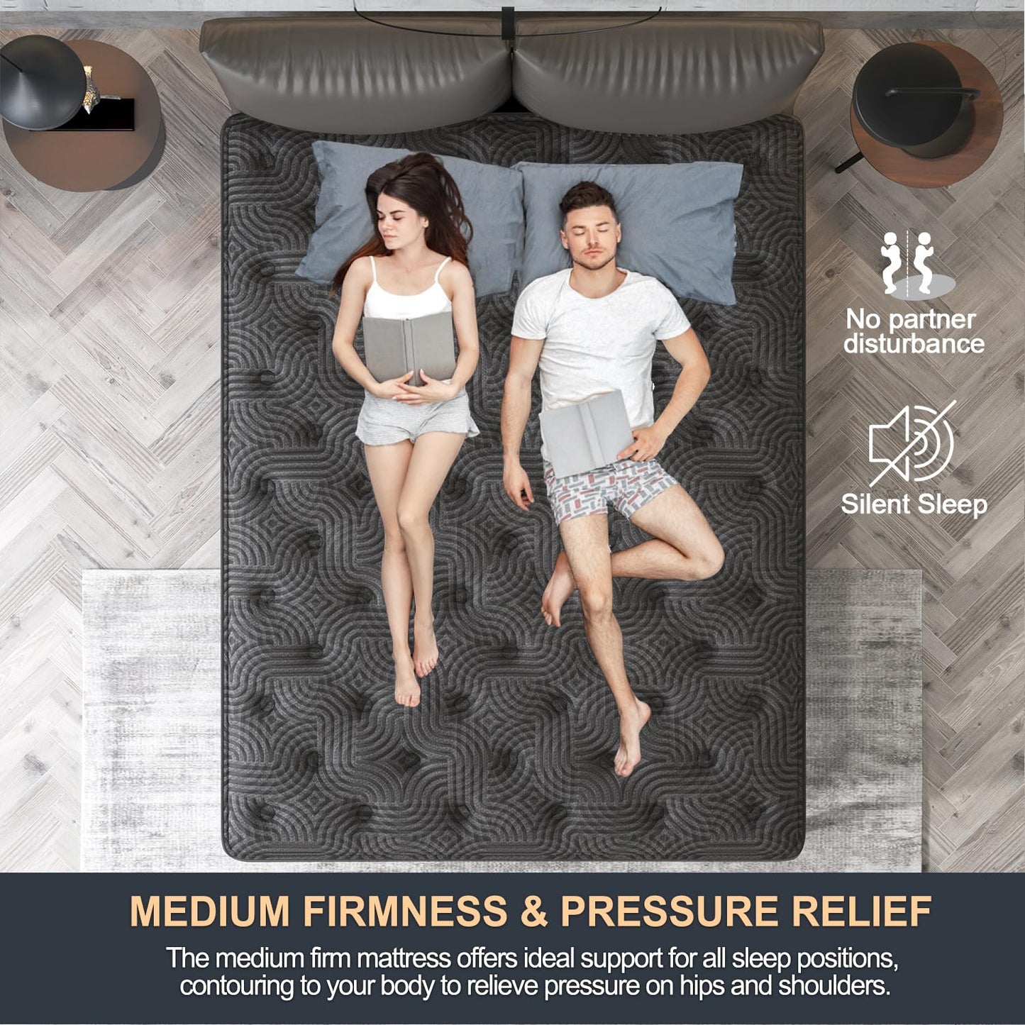12 Inch King Hybrid Mattress | Medium Firm Memory Foam with Pocket Springs | Motion Isolation | Dark Grey, 100 Night Trial