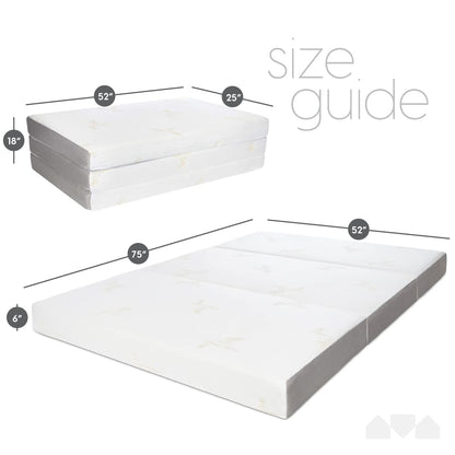 6 Inch Full Size Trifold Memory Foam Mattress, Portable & Foldable with Washable Cover, Guest Bed for Floor, RV, Travel, Camping & Sleepovers, 75" × 52"