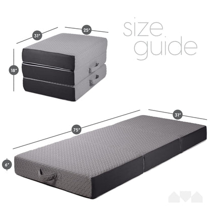 6 Inch Cot Size Trifold Memory Foam Mattress, Portable & Foldable with Washable Cover, Guest Bed for Floor, RV, Travel, Camping & Sleepovers, 75" × 31"