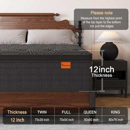 12 Inch King Hybrid Mattress | Medium Firm Memory Foam with Pocket Springs | Motion Isolation | Dark Grey, 100 Night Trial