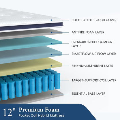 12 Inch California King Hybrid Mattress in a Box, Memory Foam & Pocket Springs, Medium Feel Bed for Cooler Sleep & Pressure Relief