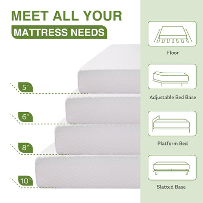 5 Inch Full Size Kids Mattress, Memory Foam Bed with Cooling Green Tea Gel, Medium Firm Support, White, 75'' x 54''