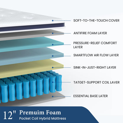 12 Inch Queen Size Hybrid Mattress in a Box, Supportive Foam & Pocket Springs, Medium Firm Bed for Cooler Sleep & Motion Isolation