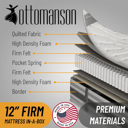 13 Inch Queen Size Eurotop Hybrid Mattress in a Box, Medium Firm Bed with Premium Quilted Cover, Made in USA, Fiberglass-Free