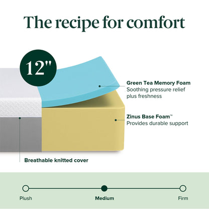 10-Inch Green Tea Cooling Memory Foam Mattress, Twin Size, Medium Firm, Fiberglass Free, Certified Safe Foams, Mattress in a Box