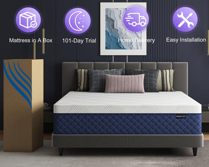 10 Inch Queen Size Hybrid Mattress in a Box, Memory Foam & Pocket Springs, Breathable Bed for Comfort, Support & Pressure Relief, CertiPUR-US, 60" × 80"